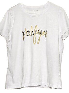 Tommy Hilfiger Women's White Gold Glitter Logo Short Sleeve T-Shirt Size L/G